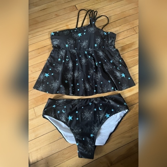 Shein stars black and blue one strap two piece swimsuit - Picture 1 of 6